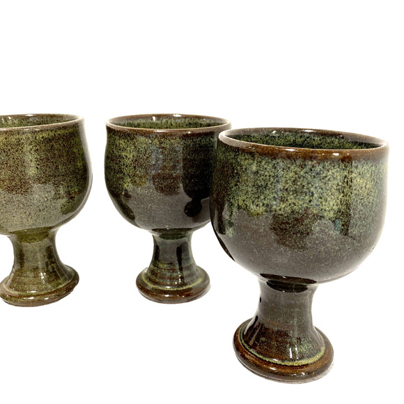 Vintage Jugtown Pottery Glazed Goblets Wine Glasses Green Brown Artisan Handmade - Picture 3 of 12
